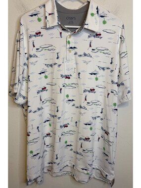 CHAPS GOLF Polo Graphic All Over Print Short Sleeve Shirt Stretch White XL